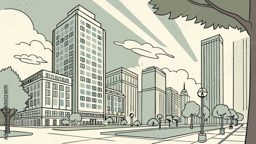 Urban cityscape illustration modern city skyline buildings trees street view architectural design vector art graphic design business city life downtown metropolis urban landscape illustration drawing.