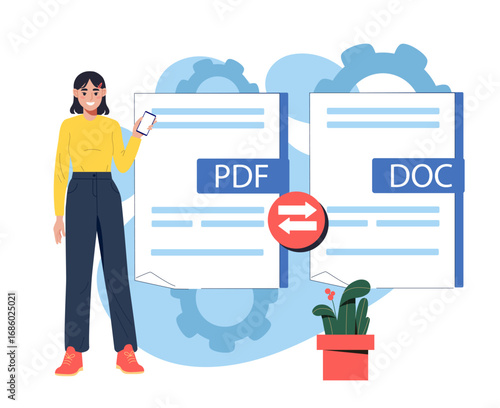 Changing document format. Woman convert files from doc to pdf. Online converter. Conversion from one file format to another. Cloud services. Flat vector illustration