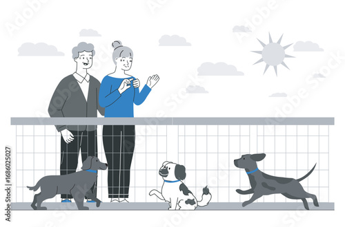 Old people in dog shelter. Man and woman with child cleaning apartment. Father with bucket and mother with rag cleaning room. Routine and household chores. Linear vector illustration