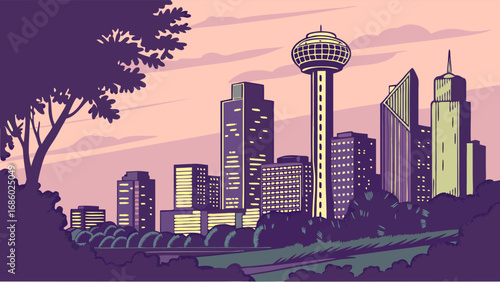 Urban Skyline at Dusk Cityscape Illustration Modern City Evening View Tall Buildings Vector Art.