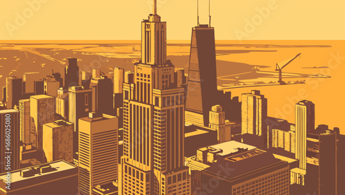 Urban Skyline at Sunset Cityscape Illustration High-Rise Buildings Architectural Design Golden Hour.
