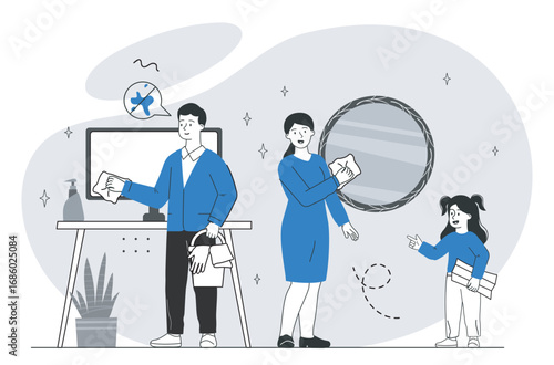 Family cleaning home. Man and woman with child cleaning apartment. Father with bucket and mother with rag cleaning room. Routine and household chores. Linear vector illustration