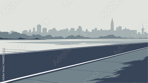Urban Skyline View from Roadside Cityscape Illustration Modern City Background.