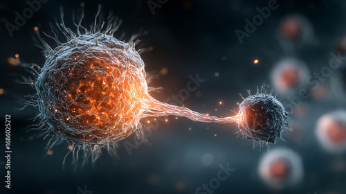 A visualization of CAR-T cell therapy, showing a glowing, engineered T-cell attacking a cancer cell.