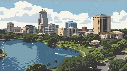 Urban Skyline with Lake and Lush Greenery Cityscape Illustration Modern City View Summer Day Boats on Water Park Trees Buildings Architecture Design Travel Vacation Tourism Panorama Scenic View City .