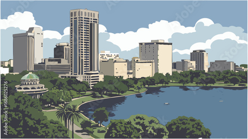 Urban Skyline with Lake and Park Modern Cityscape Illustration Architectural Design Blue Sky Green Trees.