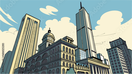 Urban Skyline Modern Cityscape Architectural Illustration Buildings Downtown Metropolis Comic Book Style Vector Art.