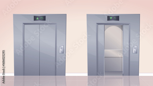 Elevator in office. Open and closed grey shiny lift doors. Interior in office. Building and construction. Metallic entrance to elevator. Cartoon vector illustration