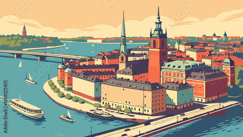 Vintage Cityscape Illustration European River Buildings Boats and Bridge.