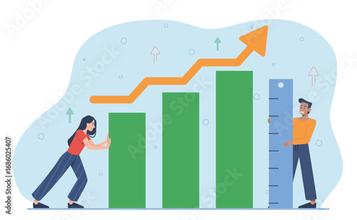 People measuring business growth. Woman and man with ruler measure poles. Analysts estimate incomes. Charts, graphs and diagrams. Statistics and infographics. Flat vector illustration