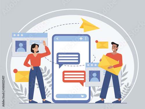 People communicate in messenger. Woman and man with envelope near smartphone with messages. Communication in social media. Conversation and chatting, dialogue. Flat vector illustration