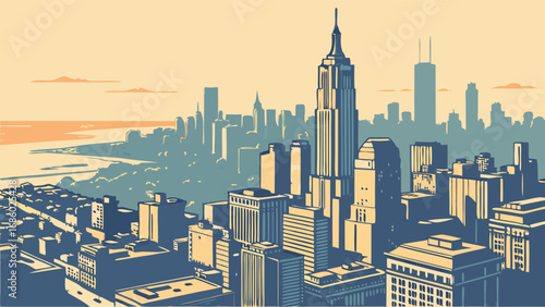 Vintage Cityscape Illustration High-Rise Buildings Skyline Urban Landscape Dusk Retro Style.