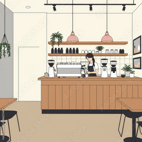 Woman brews coffee in coffee shop interior, exuding focus and dedication amidst minimalist design, while waiting for customers to come in