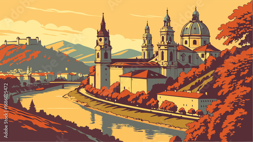 Vintage Cityscape Illustration River Cathedral and Hilltop Fortress.