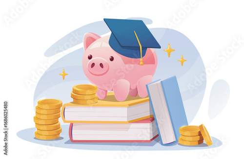 Money for education. Piggy bank in graduation hat on stack of books. Accounting and budgeting. Education and learning. Debt for university. Cartoon vector illustration