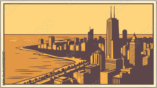 Vintage Cityscape Illustration Urban Skyline Lakefront View Retro Style Graphic Design.