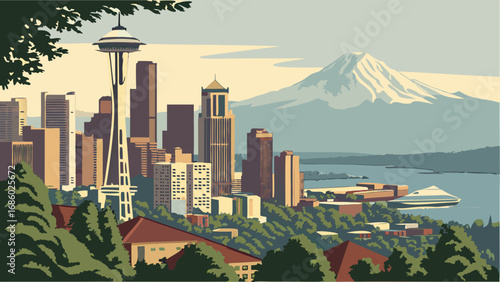 Vintage Cityscape Illustration with Mountain and Water Background.