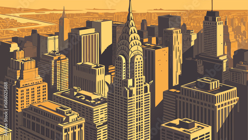 Vintage Cityscape Illustration Art Deco Style Skyscrapers Urban Architecture Golden Hour Skyline.