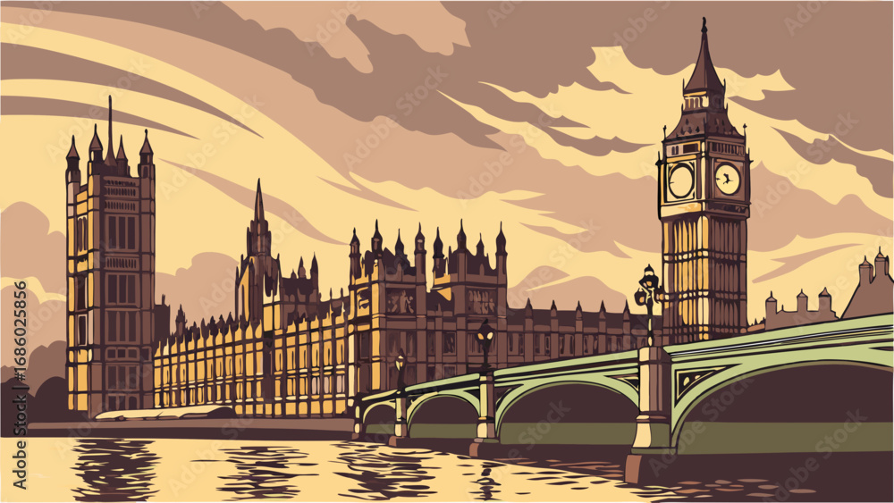 Fototapeta premium Vintage illustration of a famous clock tower and government building river and bridge at sunset.