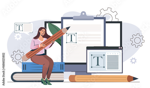 Professional writer online. Woman with pencil near tablets and books. Talented author and copywriter creates content for website. SEO specialist. Flat vector illustration