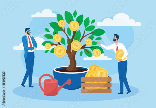 Profit investment concept. Two businessmen near tree with gold coins. Investment and entrepreneurship. Financial literacy and passive income. Flat vector illustration