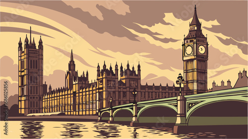 Vintage illustration of a famous clock tower and government building river and bridge at sunset.