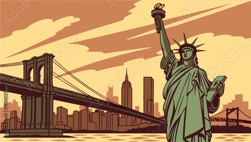 Vintage illustration of a famous statue and cityscape with a bridge.