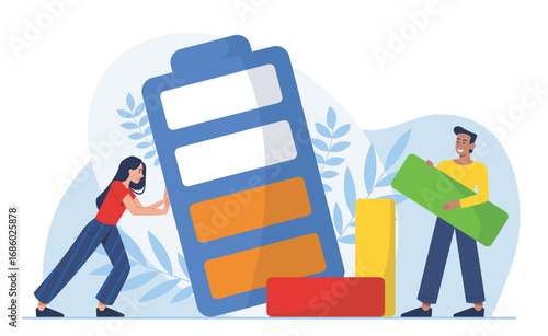 People recharge battery. Man and woman near battery. Mental burnout and problems. Vitality and inner energy. Indicator refill and replenish. Flat vector illustration