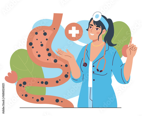 Doctor treats stomach problems. Woman in medical uniform with stethoscope. Gastroenterologist with sick stomach. Healthcare and medicine. Flat vector illustration