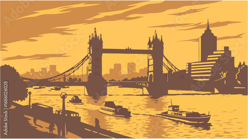 Vintage Style Cityscape Illustration with Suspension Bridge and Boats at Sunset.