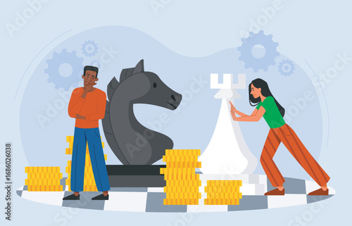 People develop business strategy. Man and woman near chess pieces and gold coins. Planning and strategizing. Leadership and aspiration. Business vision. Flat vector illustration