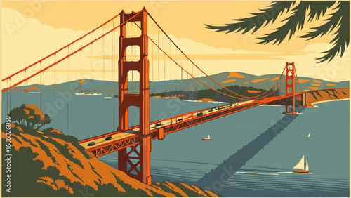 Vintage Style Suspension Bridge Landscape Coastal Scenery Travel Poster Design Ocean View.