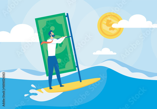 Businessman on success wave. Man on surfboard with banknote. Financial literacy and passive income. Motivation and aspiration, success. Flat vector illustration