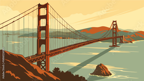 Vintage Style Suspension Bridge Landscape Iconic Landmark Travel Poster Scenic Vista Ocean View Coastal Bridge Red Bridge Architecture Illustration Transportation Structure Engineering Marvel Artisti.