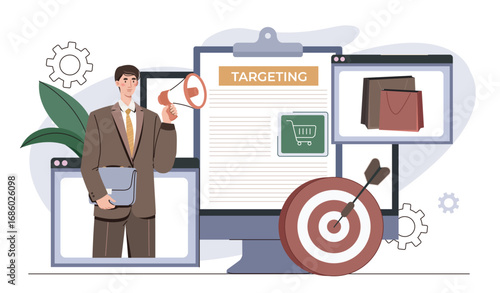 Targeting in marketing. Man in suit with loudspeaker. Marketer attracts customers. Advertising and promotion on Internet. Clients attraction. Flat vector illustration