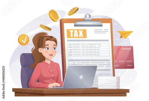 Woman paying taxes. Young girl with laptop pays off debts. Estimation of expenses and income. Businesswoman filling out tax return. Declaration and taxation. Flat vector illustration
