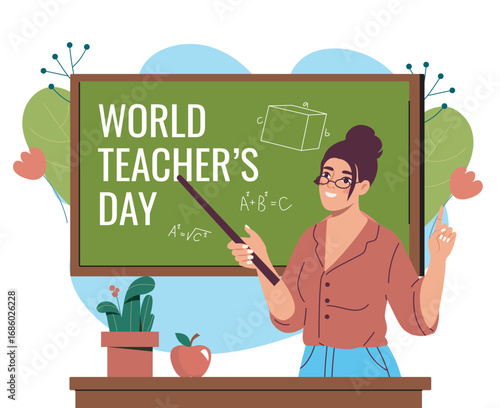 World teachers day. Woman with pointer near chalkboard. International holiday 5 october. Teacher giving lesson or lecture. Education and learning. Flat vector illustration