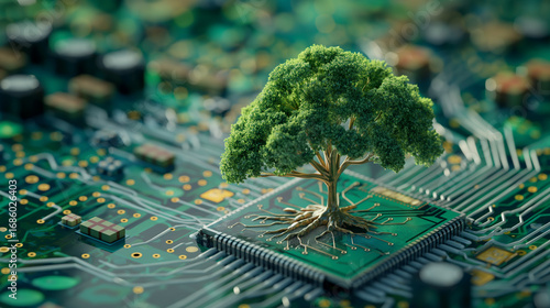 Árvore crescendo em placa de circuito