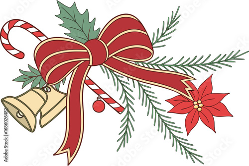 Holiday Decoration Arrangement Illustration: Festive Bow, Bells, Candy Cane, and Poinsettia for Seasonal Designs