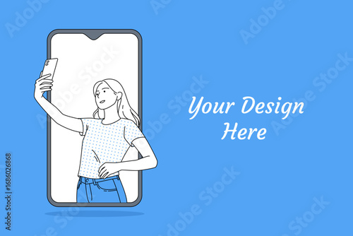 Young Woman Taking Selfie While Emerging from Smartphone Screen – Digital Lifestyle