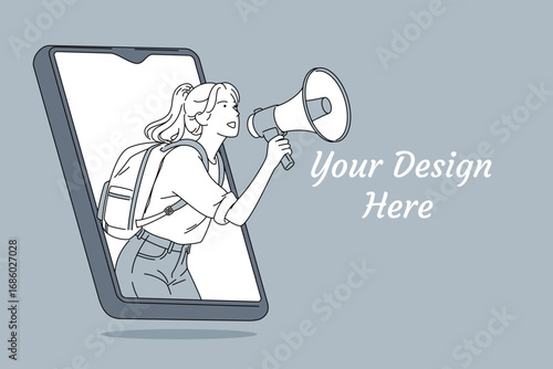 Woman with Megaphone Emerging from Smartphone Screen – Online Announcement Concept