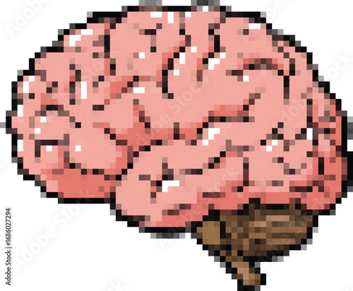 Pixelated brain representing cognitive function displayed with retro 8bit style, evoking nostalgia and digital art aesthetics.pixel art.