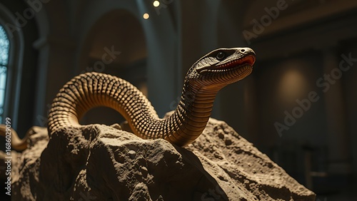 A fossilized two-headed serpent emerging dramatically from stone under museum lighting, evoking ancient mysteries.