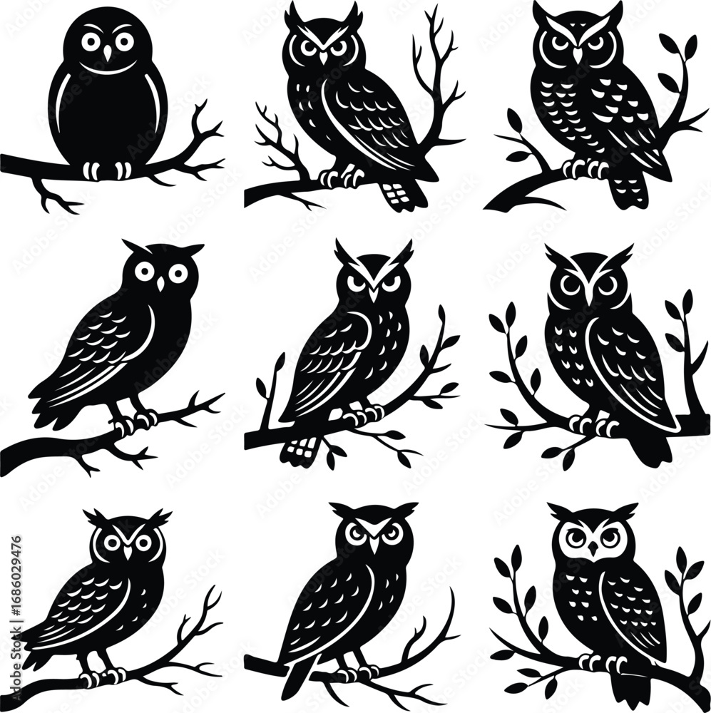 Obraz premium Owl Perched on Branch Silhouette Icon Vector Set Forest Owl Sitting on Tree Branch Black Silhouette Design