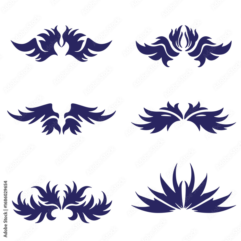 Fototapeta premium Decorative ornamental elements set featuring six abstract wing and leaf shaped design vectors