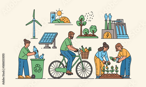 Renewable energy vector illustrations for a green city, showcasing a sustainable lifestyle with solar panel imagery