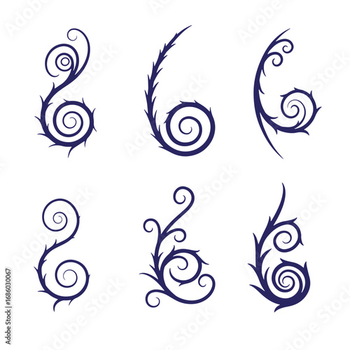 Elegant collection of decorative floral swirls with thorns in a minimalist dark blue design