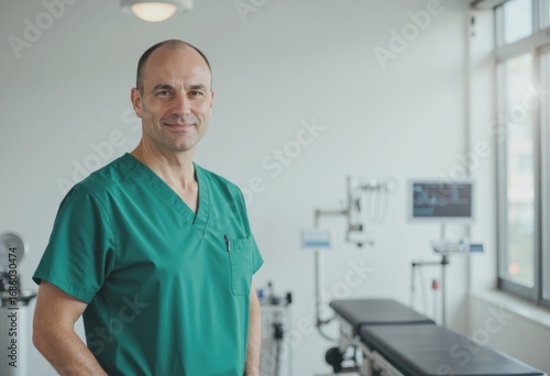 Medical facility administrator in green scrubs near healthcare equipment