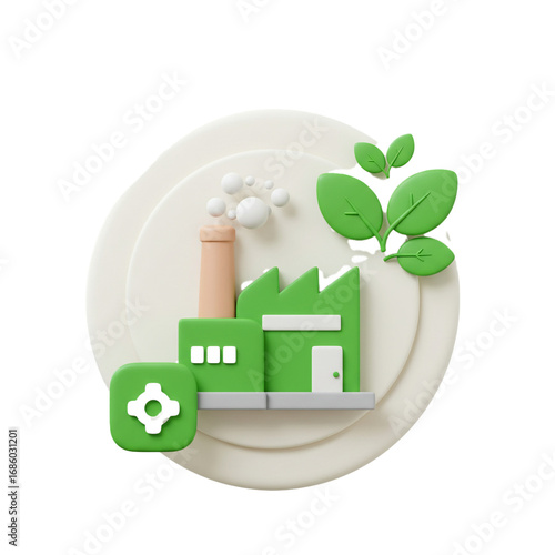 A green factory illustration representing sustainable industry, environmental consciousness, and ecological responsibility, promoting eco-friendly practices.