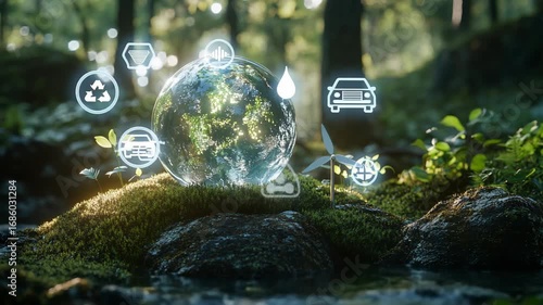 Transparent digital globe with glowing environmental icons floating above mossy rocks in a forest stream, sustainability, green technology, eco awareness, nature conservation, climate responsibility